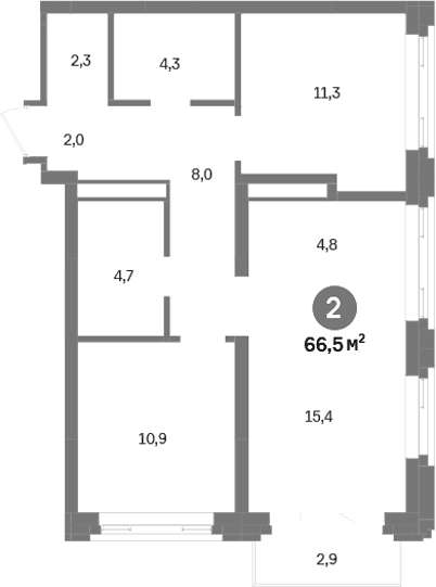 Планировка 3Е-к.кв, 66,5 м² в ЖК Городские легенды